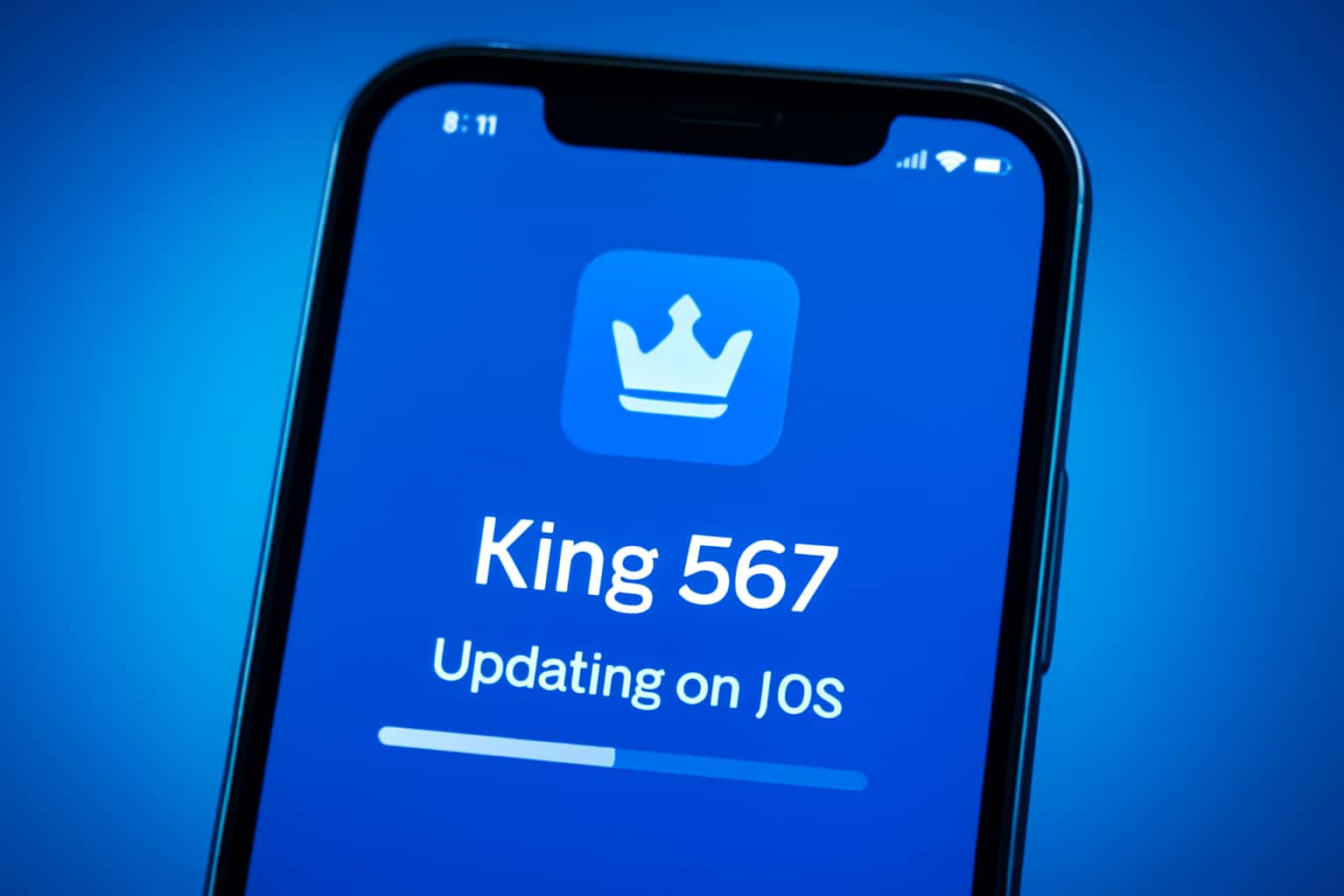 An illustration of the update process for the King 567 app on iOS, showcasing a smartphone with the app logo.